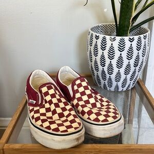 Burgundy Checkerboard Vans Slip Ons Sz. 7
